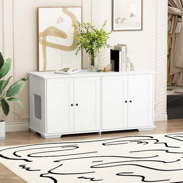 FUFU&GAGA Modern Cat Litter Box Enclosure for 2 Cats, Hidden Litter Box Furniture, Indoor Cat Storage Bench for Living Room, White