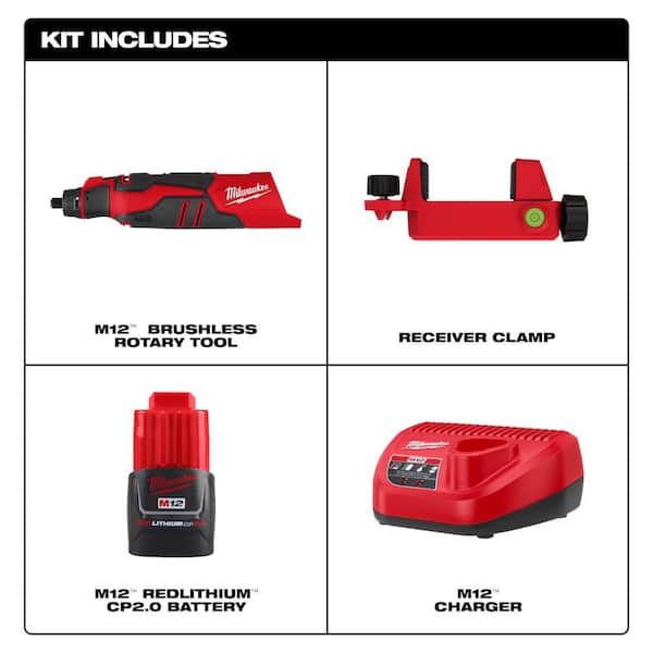M12 12V Lithium-Ion Cordless Brushless Rotary Tool with 2. 0Ah Battery and Charger Starter Kit