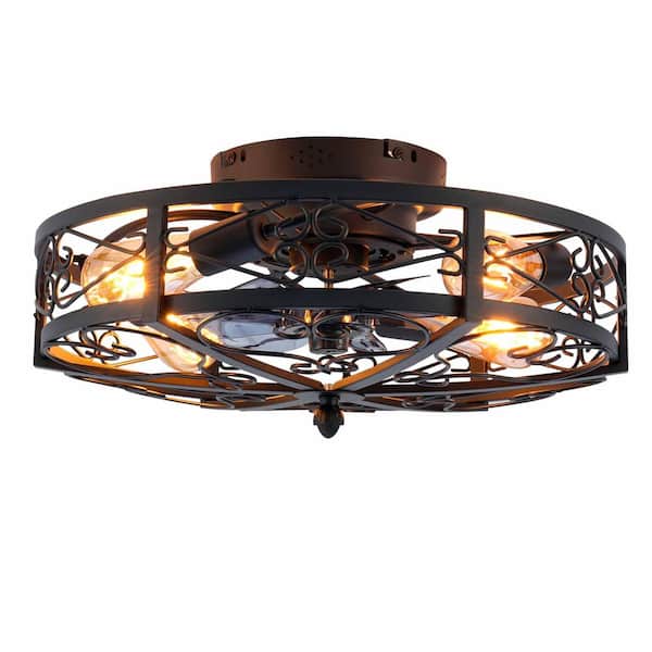 Thalovis 20 in. 4-Light Indoor Black Flush Mount Low Profile Caged Ceiling Fan with Light Fixture with Remote