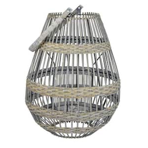 Gray Natural Woven Fiber Body Candle Holder Lantern with Handle