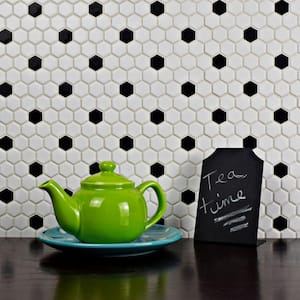 Metro 1 in. Hex Matte White with Black Dot 6 in. x 6 in. Porcelain Mosaic Take Home Tile Sample