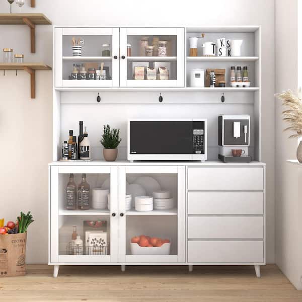 Unbranded 71 in. White Wood 4-Drawers Pantry Organizer Freestanding Large Kitchen Hutch Cabinet w/ 4-Doors Microwave Shelf & Hook