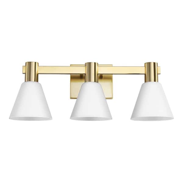 KAISITE 21.3 in. 3 Light Gold Dimmable Bathroom Vanity Light Fixture with Milk White Cone Glass Shade