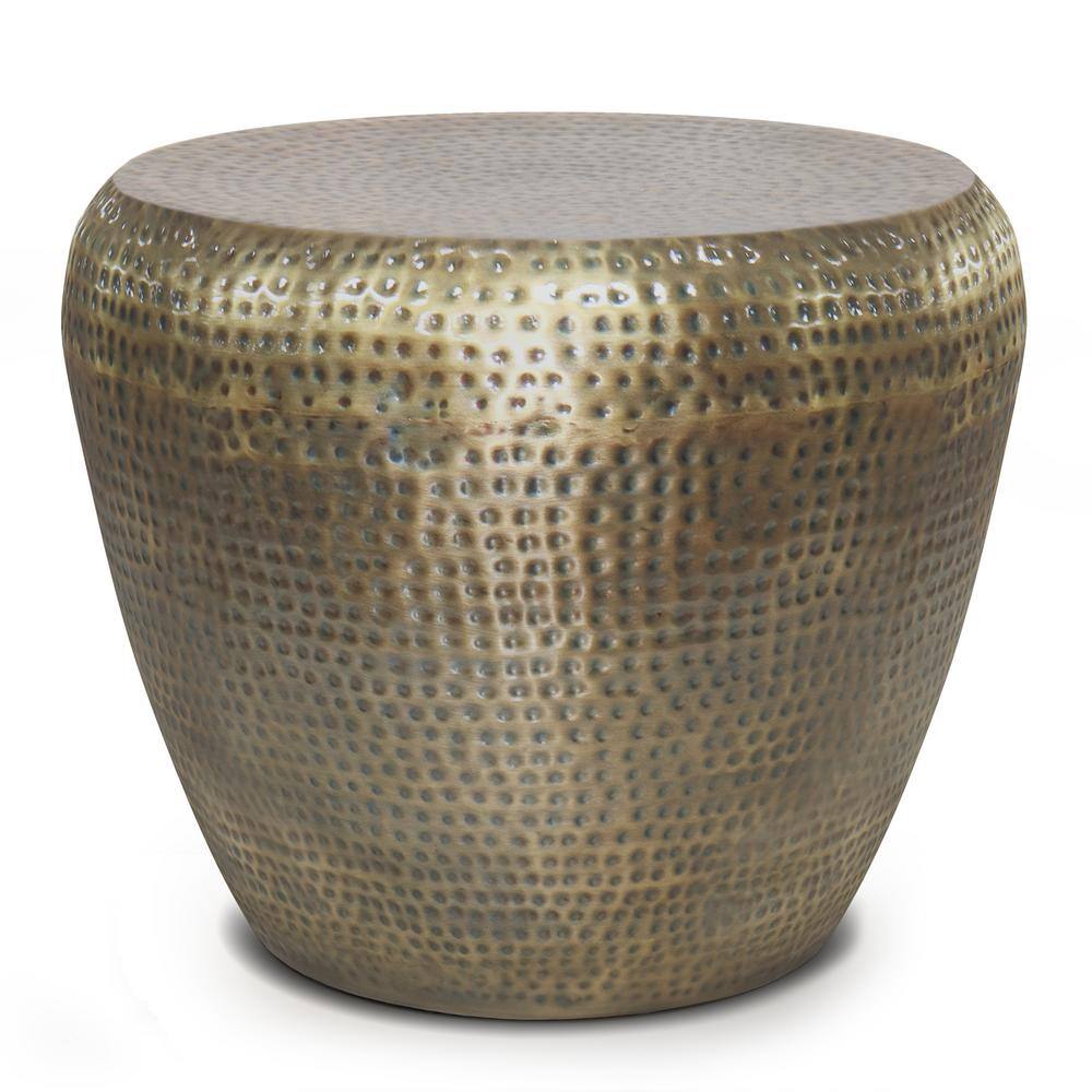 Preston 22" Antique Gold Hand-Hammered Metal Drum Side Table