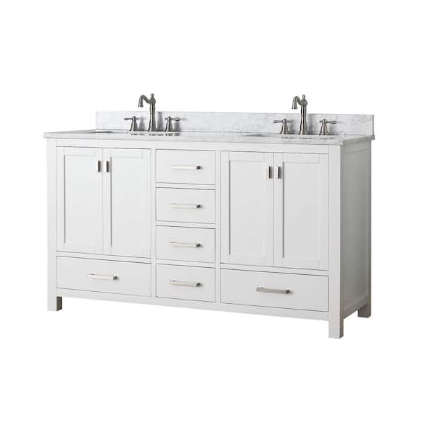 Modero 61 in. Double Sink White Bath Vanity with Carrara White Marble Top
