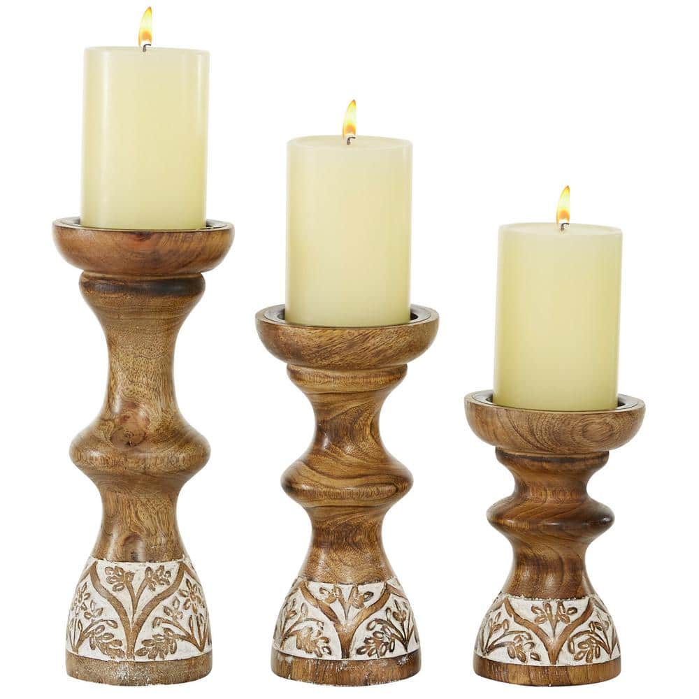 Litton Lane Brown Wood Candle Holder (Set of 3) 78279 - The Home Depot