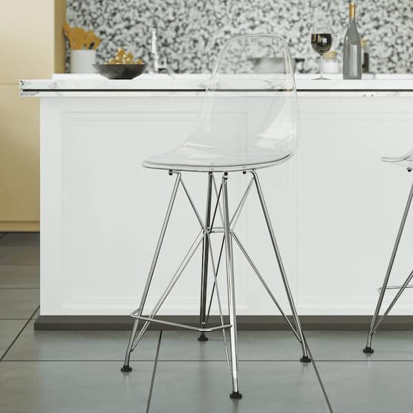Clear Cresco 29.5 in. Modern Acrylic Barstool with Metal Base and Footrest