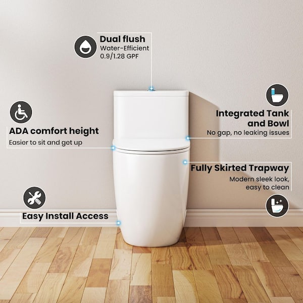 12 in. Rough-in ADA Height 1-piece 1.0/1.28 GPF Dual Flush Elongated Toilet in White Seat Included, 1000g Map Score