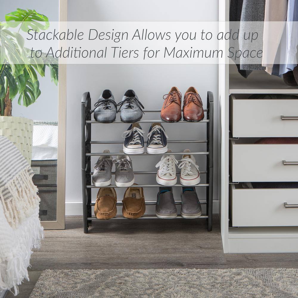 Black Stackable Metal and Plastic 4-Tier Shoe Rack