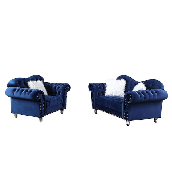 Morden Fort Luxury Classic 2-Piece America Chesterfield Tufted Camel Back Sofa Set Chair and Loveseat in Blue