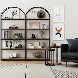Haven 72 in. Oak 5 Shelf Etagere Bookshelf, with Black Metal Frame with Arch Top and Open Shelves, Oak/Black (Set of 2)
