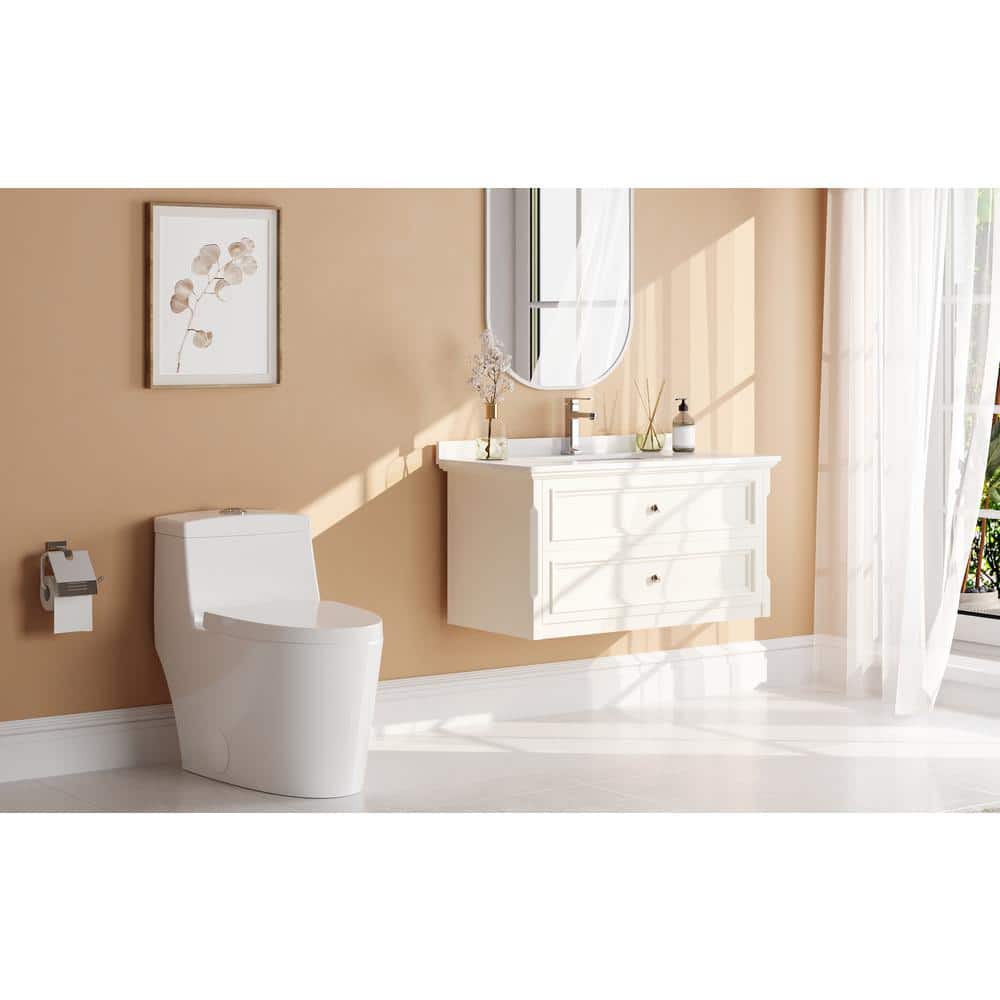 White and Gold Dual-Flush Elongated One-Piece Toilet