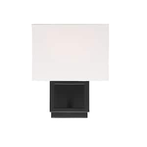 Meridian 8 in. W x 10.5 in. H 1-Light Matte Black Wall Sconce with White Fabric Shade