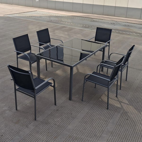 Black 7-Piece Iron Outdoor Dining Set with 6-Black Chairs and Black Tempered Glass Table