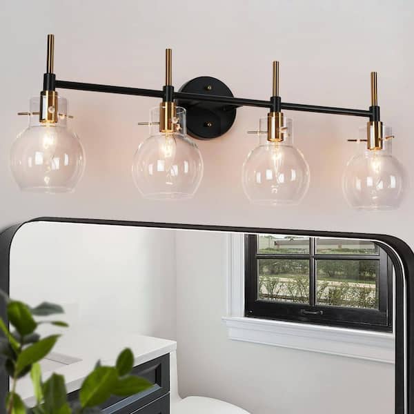 Modern Black 30 in. 4-Light DIY Bathroom Vanity Light, Transitional Brass Wall Sconce for Mirror with Globe Clear Glass
