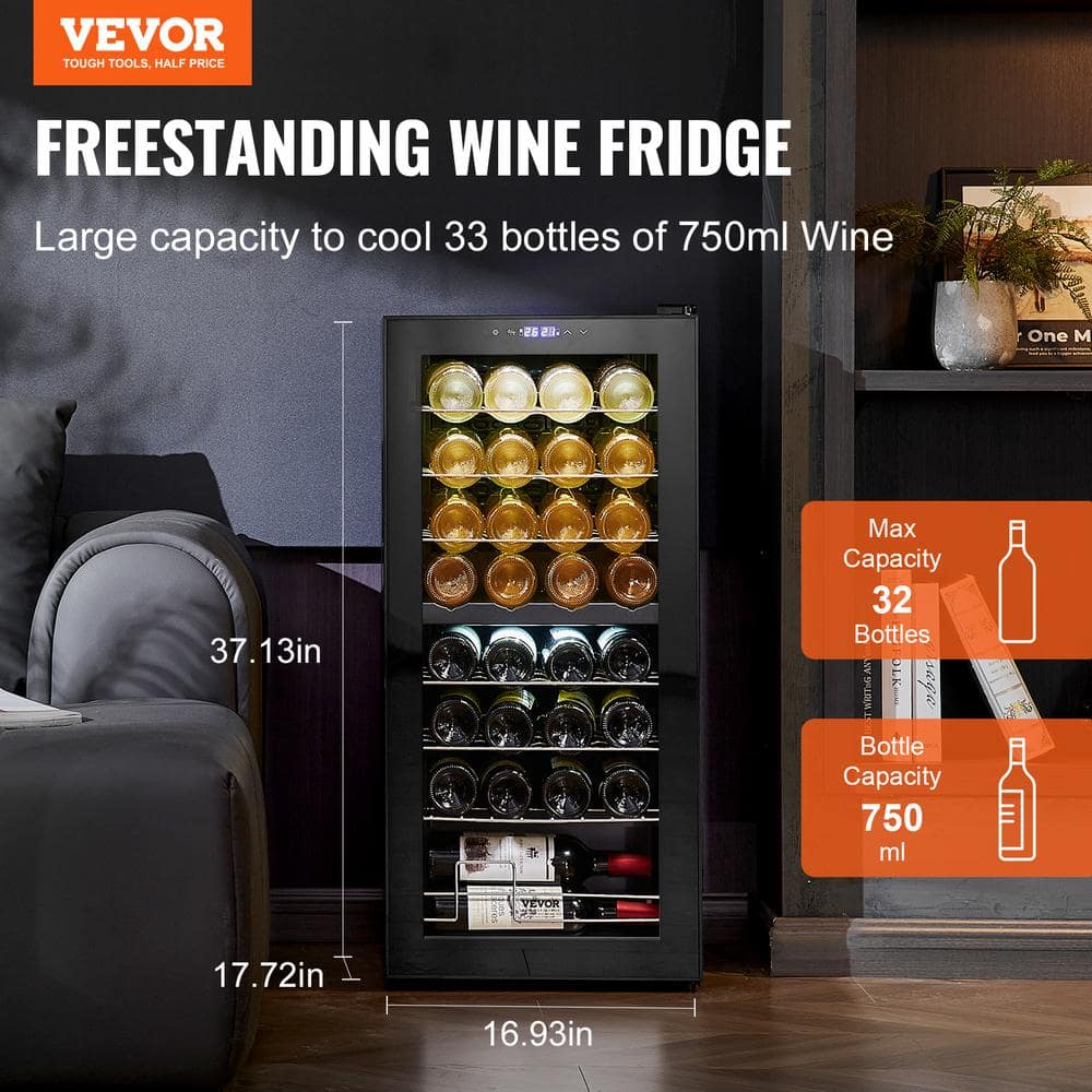 32-Bottle Black Dual Zone Freestanding Wine Cooler with Glass Door