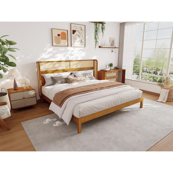 Tabor Modern Natural Finish Brown Wood Frame King Size Platform Bed with Cane Woven Headboard