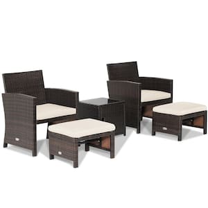 5-Piece Patio Rattan Furniture Set Ottoman Cushioned with Cover Space Saving Off White