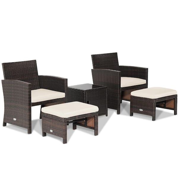Costway 5-Piece Patio Rattan Furniture Set Ottoman Cushioned with Cover Space Saving Off White