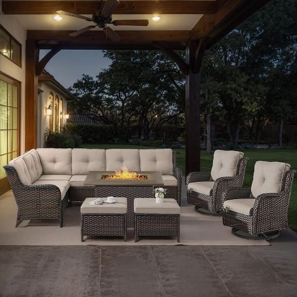 Brown 6-Piece Wicker Patio Fire Pit Set, Outdoor Sectional Seating Set with Olefin Beige Cushions and Swivel Rockers
