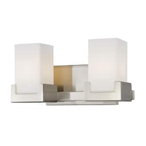 Peak 13 in. 2-Light Brushed Nickel Integrated LED Shaded Vanity Light with Clear and Matte Opal Glass Shade