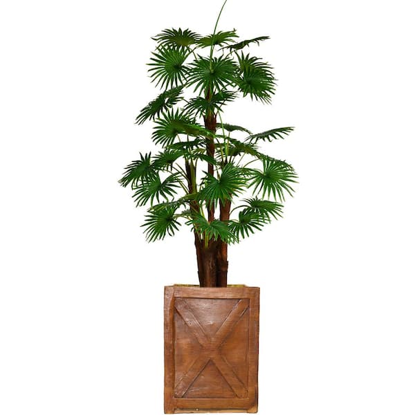 VINTAGE HOME 75 in. Tall Fan Palm Tree Artificial Dcor Faux Burlap Kit and Fiberstone Planter