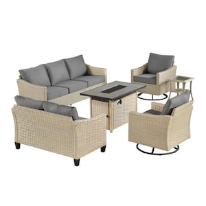 Oconee Beige 6-Piece Wicker Outdoor Patio Conversation Sofa Loveseat Set with a Fire Pit and Dark Gray Cushions