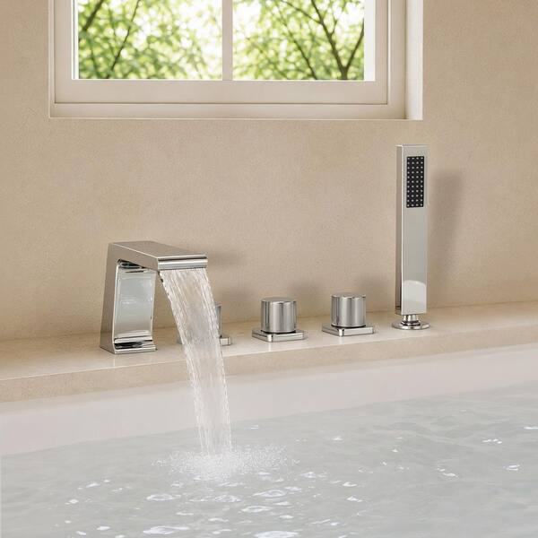 3-Handle Minimalist Tub Deck Mount Roman Tub Faucet with Hand Shower in Chrome