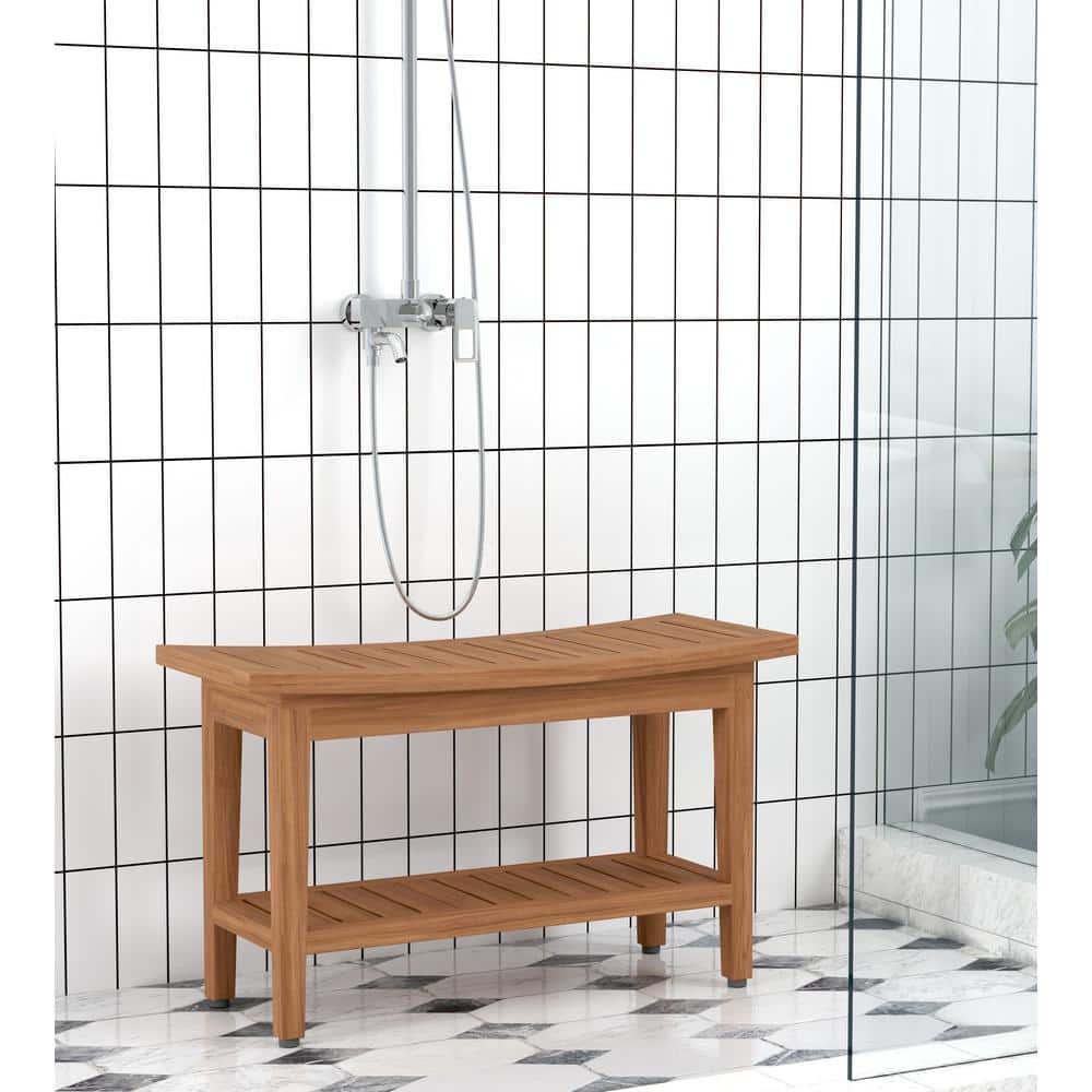 Teak Wood Water-Resistant Shower Bench with Shelf