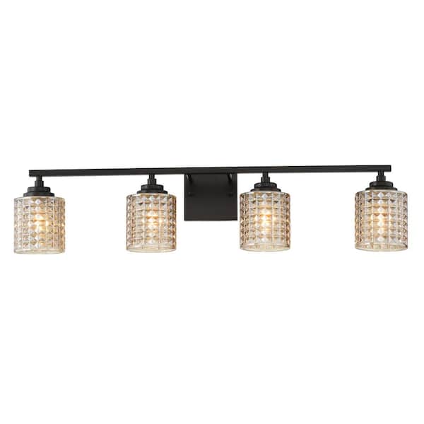Vanity Art Genoa 33.5 in. 4-lights Matte Black Vanity Light with Cut Crystal Glass Shade