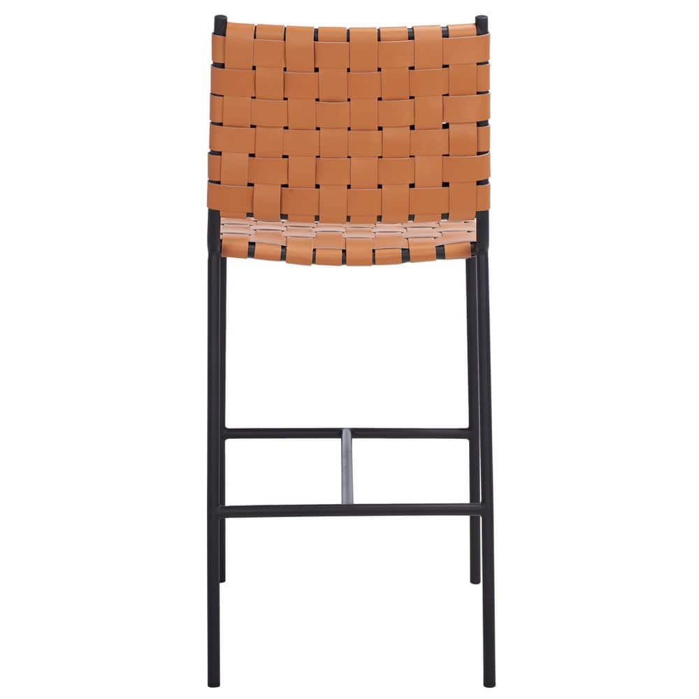 Cognac Leather and Black Metal Saddle Counter Stool