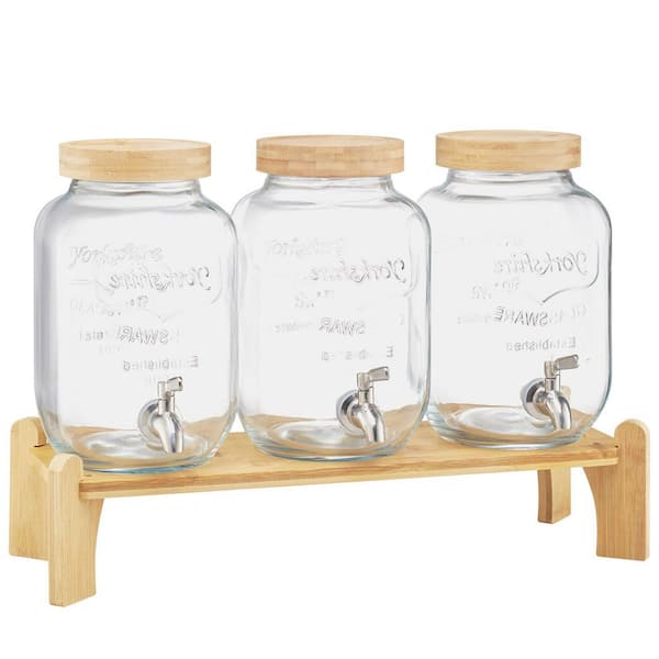 3 Pack 1 Gal Beverage Dispenser, Drink Dispensers for Parties, Wood Stand, Stainless Steel Spigot, Infuser