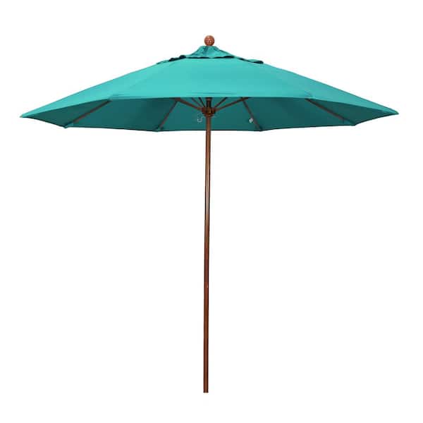 California Umbrella 9 ft. Woodgrain Aluminum Commercial Market Patio Umbrella Fiberglass Ribs and Push Lift in Aruba Sunbrella