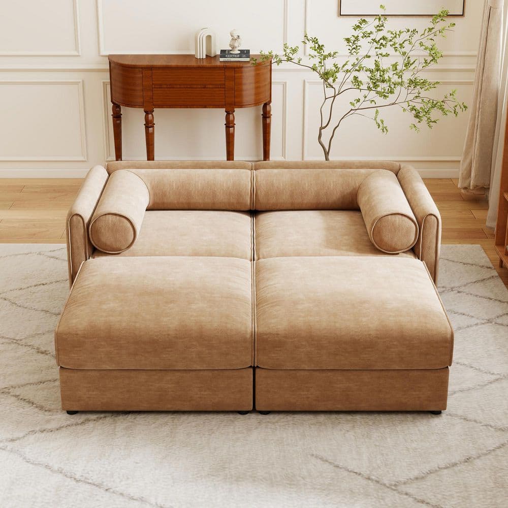 Cylindrica Design Modern Modular Chenille 2-Seater Modular Sectional Sofa in Camel with 2 Ottomans