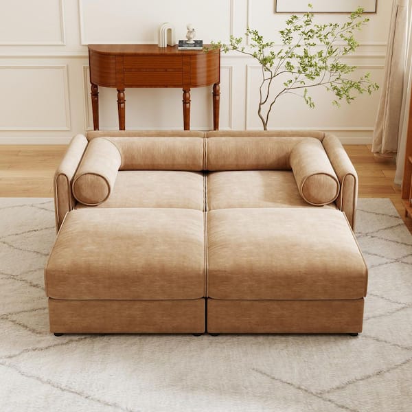 75.5 in. Cylindrica Design Modern Modular Chenille 2-Seater Modular Sectional Sofa in Camel with 2-Ottomans