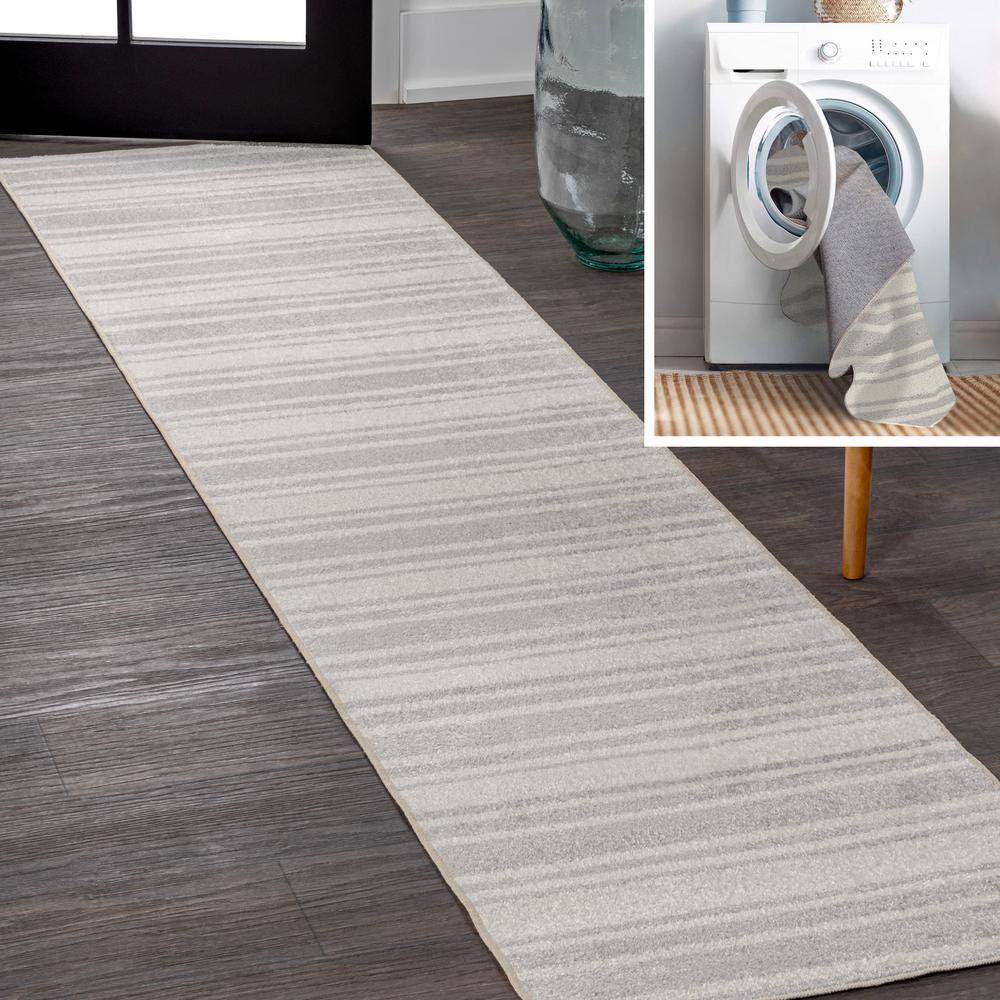 Cream and Light Gray Striped Washable Runner Rug