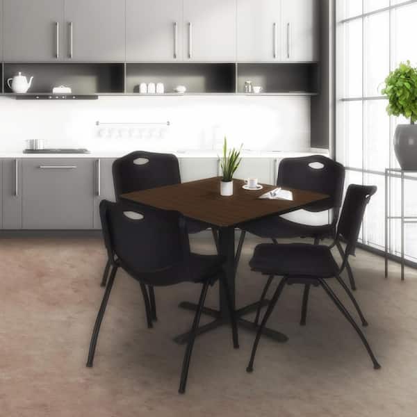 Cain 42 in. Neo Walnut Square Breakroom Table Desk and 4 M Stack Chairs-Black