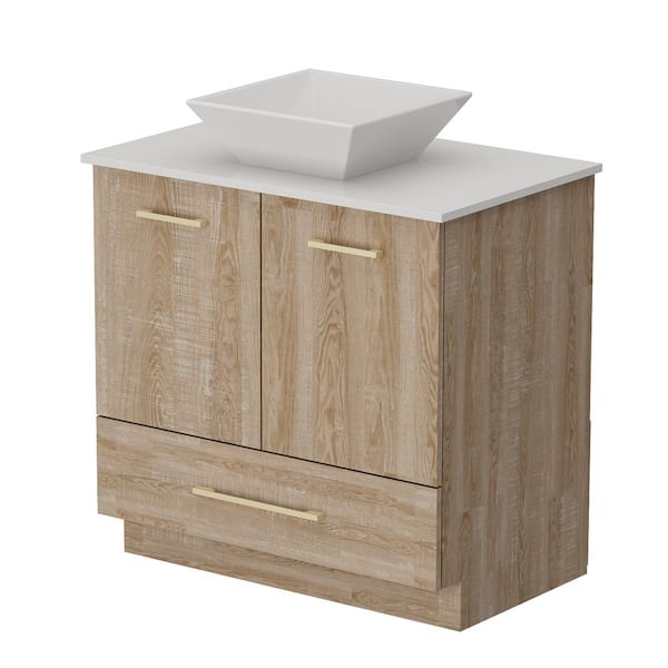 FUFU&GAGA 29.9 in. W x 18.8 in. D x 33.6 in. H One Sink Bath Vanity in Beige Wood Grain with White Ceramics Top, Shelf and Drawer