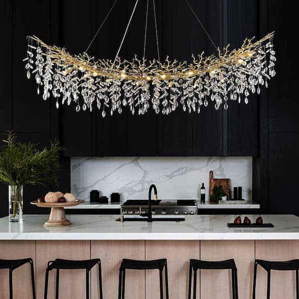 72 in. 20-Light Dimmable Tree Branches Crystal Linear Chandelier, Luxury Kitchen Island Modern Gold Chandelier