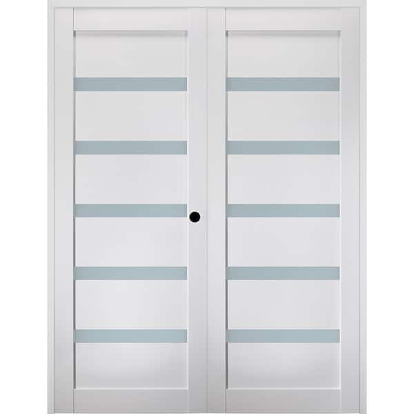 Leora N 72 in. x 80 in. Left Hand Active 5-Lite Frosted Glass Bianco Noble Wood Composite Double Prehung French Door
