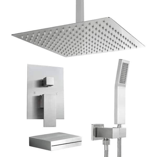 LORDEAR 3-Spray 12 in. Ceiling Mount Fixed and Handheld Shower Head 1.8 GPM Dual Showerhead with Tub Faucet in Brushed Nickel