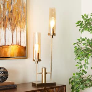 33 in. Gold Metal Tall Task and Reading Table Lamp with Cylinder Glass Shades