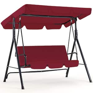 3-Person Metal Outdoor Patio Porch Swing Chair in Red with Adjustable Canopy