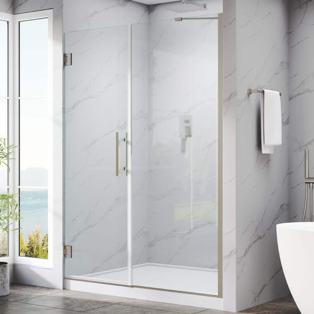 "54-55 in. W x 72 in. H Pivot Hinged Frameless Shower Door in Brushed Nickel with 3/8"" SGCC Clear Tempered Glass" price history on PriceWatchPro