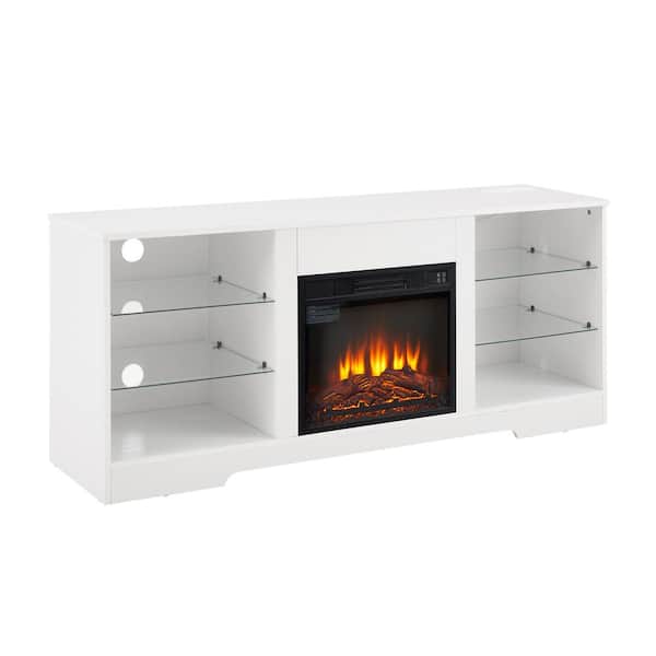 Unbranded 57.87 in. W x 15.35 in. D x 24.61 in. H White Linen Cabinet with TV Stand, Shelves and LED Lights for TV up to 32-62 in.