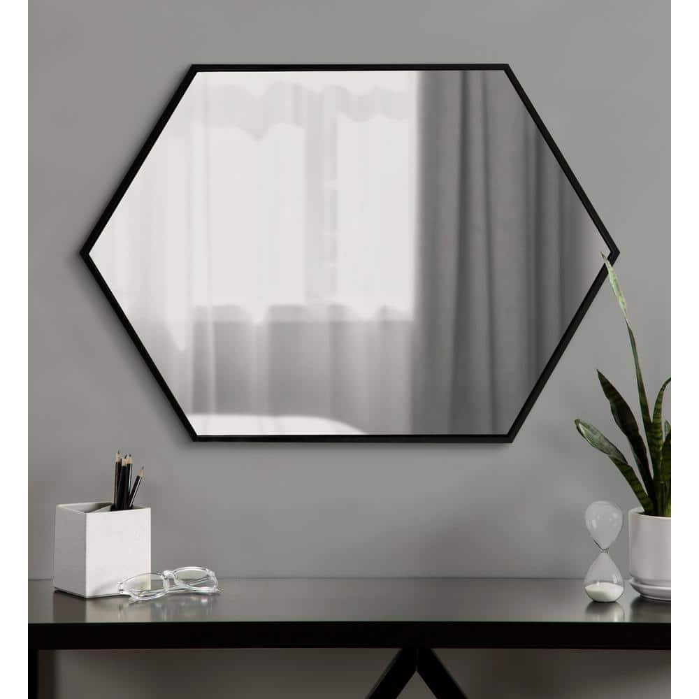 Elegant Hexagon Black Iron Wall Mirror, 31x22 Inch