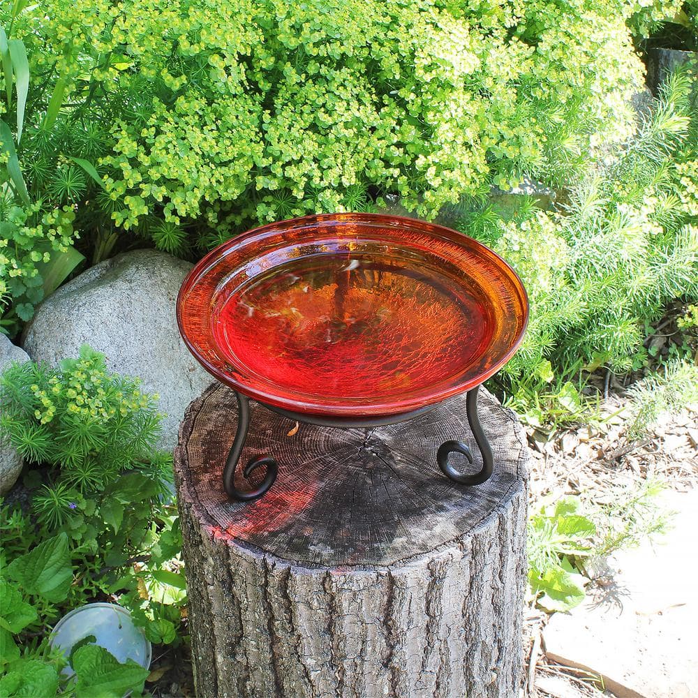 Tomato Red Crackle Glass Birdbath with Wrought Iron Stand