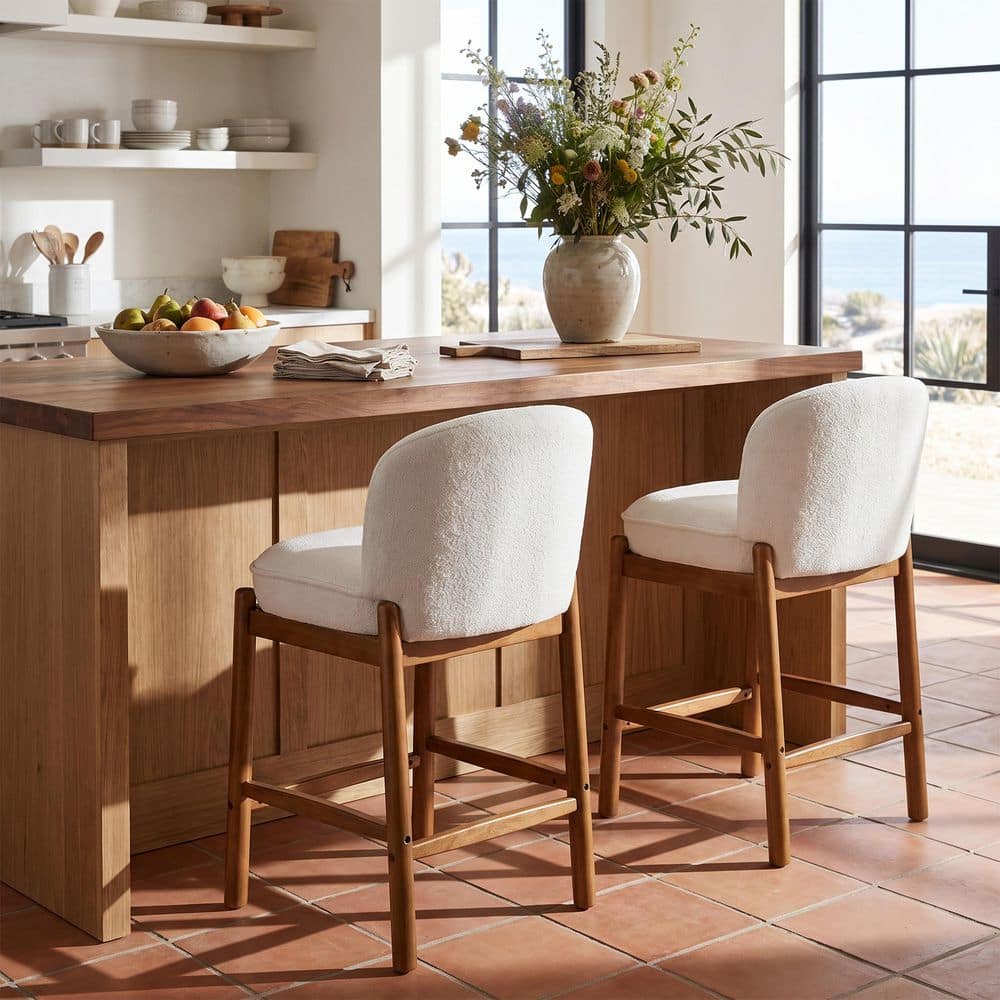 26.5 in. Seat H Walnut and Beige Solid Wood Frame Counter Stools with Boucle Upholstered Curved Back price history on PriceWatchPro