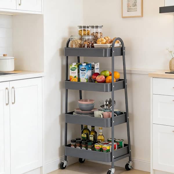 4-layer practical mobile trolley, metal movable storage rack, with lockable casters in Grey