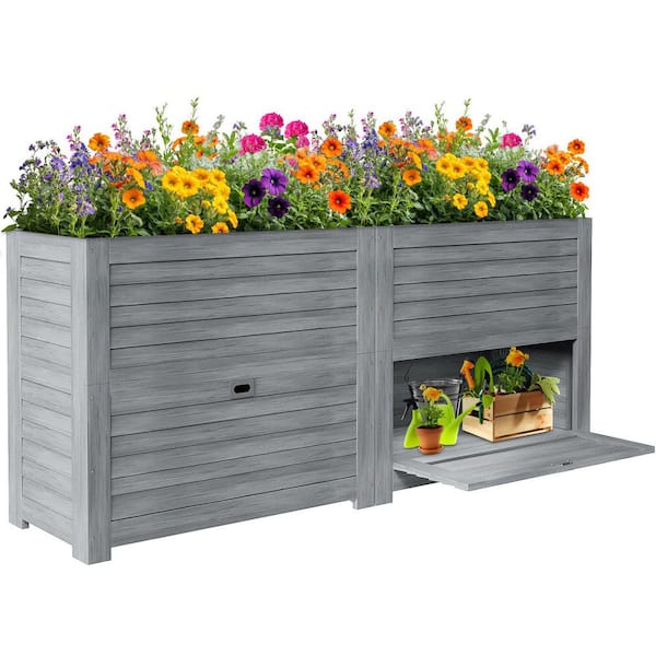 ABORON Raised Garden Bed with Storage 34 in. x 18 in. x 30 in. Wood Planter Box Large Planter Stand Box (Gray 2-Pack）